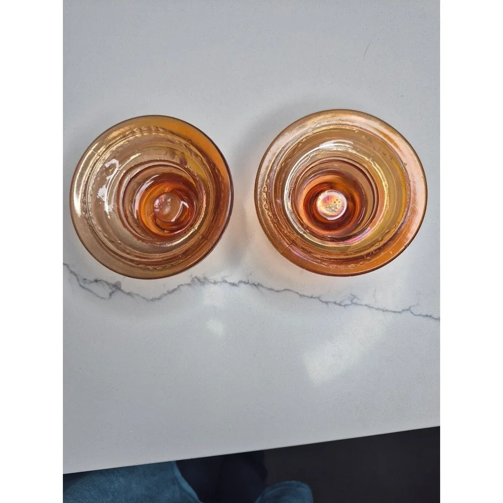 Vintage Amber Iridescent Federal Glass Candle Holders Set of 2 Embossed‎ Floral